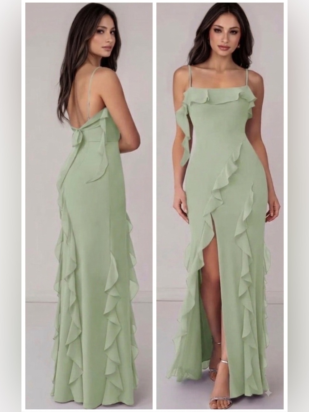 Barbie x Azazie Sage Green Ruffle Chiffon Maxi Dress A6 US 4 Formal Bridesmaid